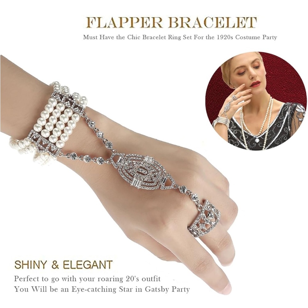 Metme 1920s Flapper Bracelet Ring Set Gatsby Accessories - Picture 2 of 4